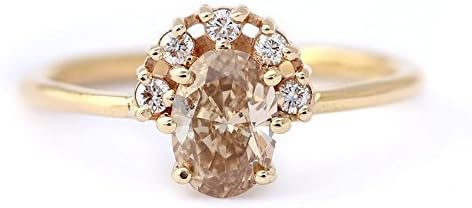 Champagne Diamond Engagement Ring, Oval Diamond Ring, 0.75 Carat Diamond Ring, Half Diamond Halo Ring, Oval Cut Engagement Ring