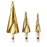 Migiwata Metric Titanium Coated HSS Spiral Groove Step Drill Bit Set of 3pcs 4-12/4-20/4-32mm with 1/4" Hex Shank Packed in Reusable Case for Cutting Holes in Iron Plate Aluminum Plate, etc.