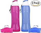 KCOGOO 2 Pack Collapsible Silicone Water Bottle, Couples Leak-Proof Lightweight Portable Cup roll up for Outdoors, Hiking, Camping, Biking, Sports and Traveling Red and Blue 17oz(500ml)