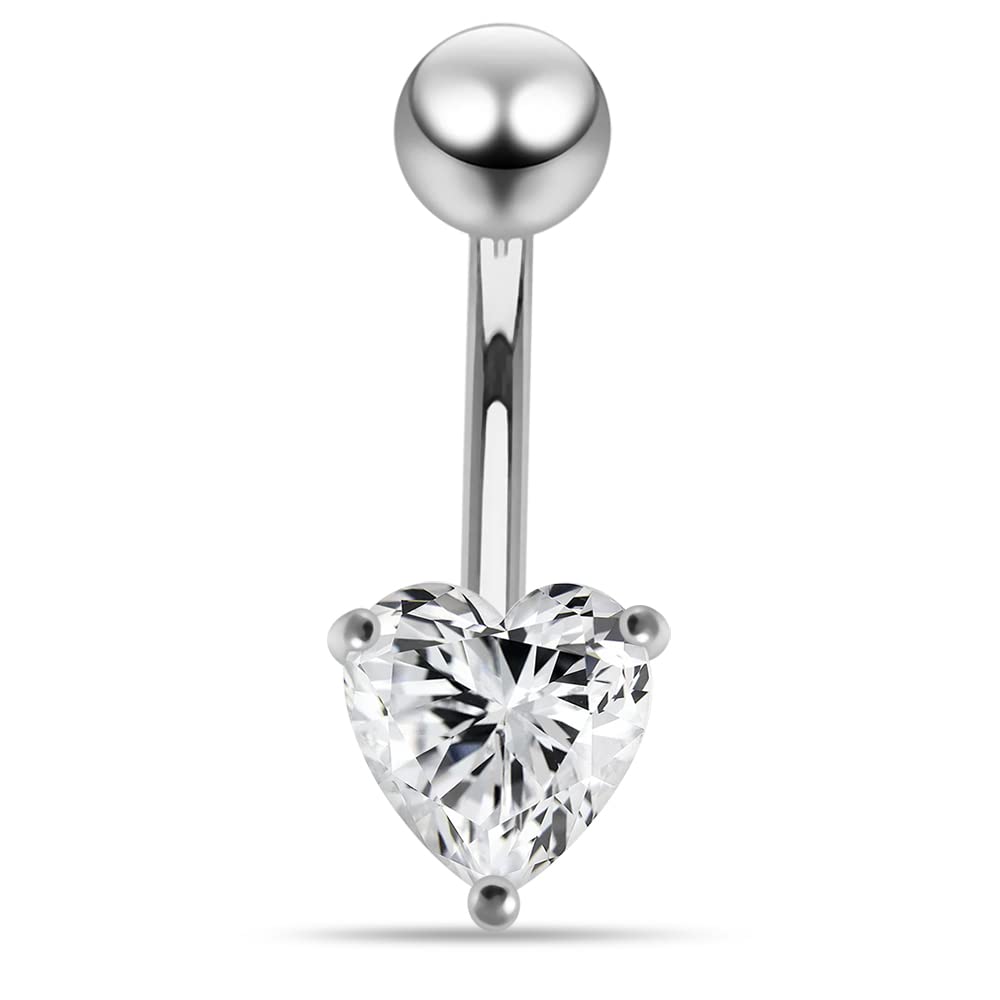 AZARIO LONDON White Gemstone Trendy Heart Design Sterling Silver Belly Bars Piercing
