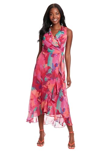London Times Women’s Dresses Sleeveless Ruffle Detail Faux Wrap Tie Midi Dress, Mango/Pink Petunia, 14