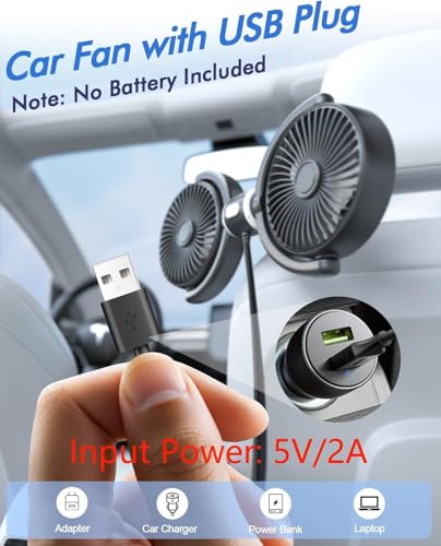 Car Fan USB Powered for Baby: Dual Car Cooling Fans for Backseat 3 Speed Separate Controlled Quiet Brushless Motor 360° Rotatable Rear Seat Air Circulation for Vehicle Van Truck SUV RV(USB Plug)