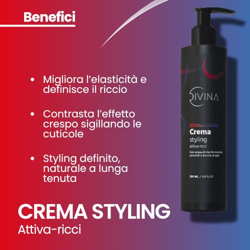DIVINA BLK Natural&Amazing Styling Cream for Wavy Curly, Super Curly, Ultra Defined and Stretchy Hair with Rice Water, Ceramides and Goji Berries (250ml)