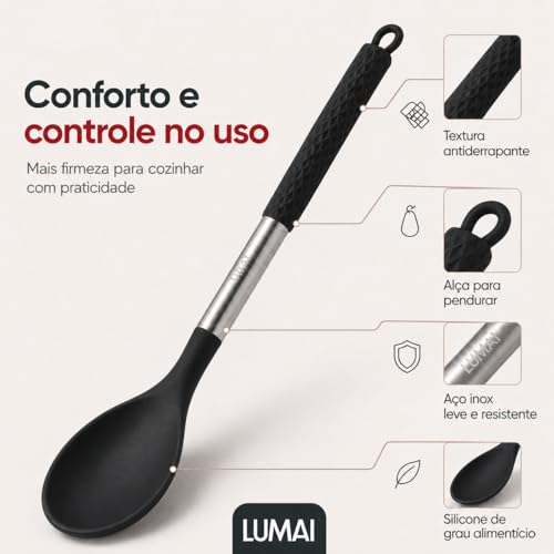 LUMAI Kit Utensílios de Cozinha Inox e Silicone 10 Peças com Suporte - Preto