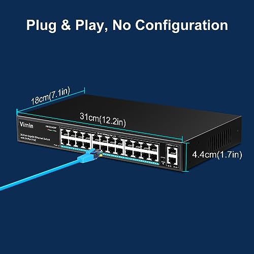 VIMIN 24 Port Gigabit PoE Switch with 2 Gigabit Uplink Port, 26 Port Unmanaged PoE Ethernet Switch with 320W Power, IEEE802.3af/at Compatible, VLAN, Metal Housing