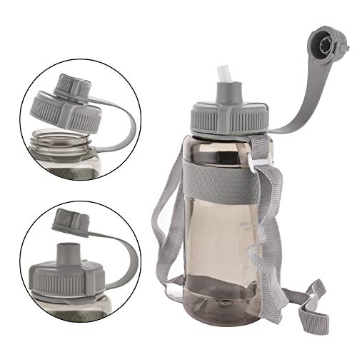 GTI 32 oz Sports Water Bottle with Straw, BPA Free Leak Proof Wide Mouth Portable Water Jugs for Fitness and Outdoor Enthusiasts, Plastic Drink Water Bottle with Scale Strap - Gray