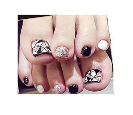 TBOP FAKE NAIL easy quick nail art polish boxed foot fake nail set of 24pcs in Black and white color
