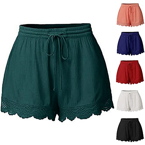 SMLNKOFN Womens Shorts for Summer,Casual Drawstring Elastic Waist Beach Shorts Fashion Solid Lace Hem Comfy Pants Plus Size