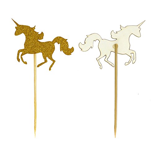 Miraclekoo Golden Glitter Unicorn Cupcake Toppers for Bridal Shower, Wedding Table Cake Decorations, Party Supply Favor Accents, 30 Pack