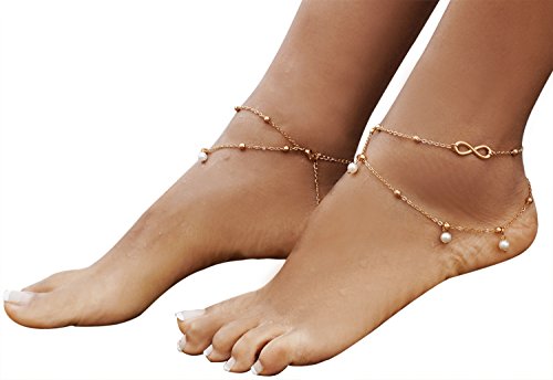 Bellady Jewelry Gold Double Chain Ankle Anklet for Girls Endless Love Infinity Symbol Chain Link Bracelet Beach Foot Gift, Golden