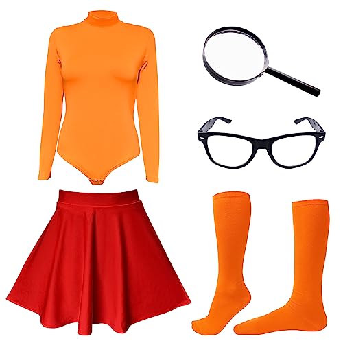 ATAMET Halloween Costume for Women,Sexy Long Sleeve Leotard Turtleneck Tops Bodysuit,Skater Skirt,Magnifying Glass,Socks