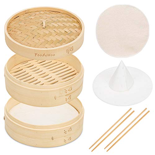 FoodyWoo Bamboo Steamer 10 Inch, 2 Tier Ring Basket for Pot w/ 2