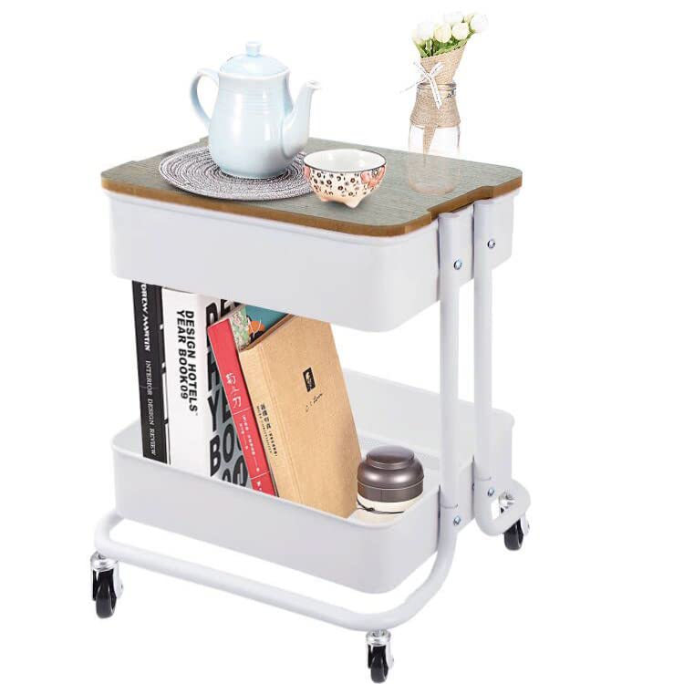 Photo 1 of Melody House 2 Tier Metal Utility Rolling Cart Storage Organizer with Cover Board, Mobile Trolley Sofa Side Table with Wheels for Office Home Kitchen Organization, White