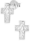 Hypoallergenic Sterling Silver Cross with Heart Designs Stud Earrings for Kids (Nickel Free)