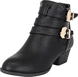 Top Moda Cl-14 Women's Buckle Straps Stacked Low Heel Ankle Booties,Black,9