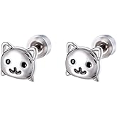 20g Cute Cat Flat Screw Back Small Stud Earrings for Women Men Titanium Steel Silver Plated Lovely Kitten Animal Pet Cartilage Helix Tragus Piercing Sleeper Tiny Studs Hypoallergenic Jewelry for Her