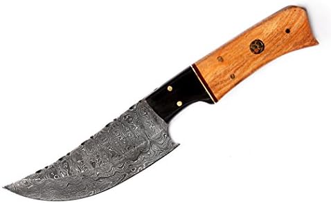 RA-9015 Custom made damascus steel hunting knife olive wood and horn handle with real leather sheath.