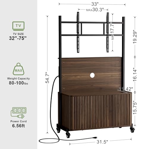 Planimetry Rolling TV Stand with Mount for 32-75 Inch TVs, Height Adjustable Mobile TV Stand with Lockable Wheels, Fluted Cabinet Entertainment Center with Power Outlet & Storage, Walnut