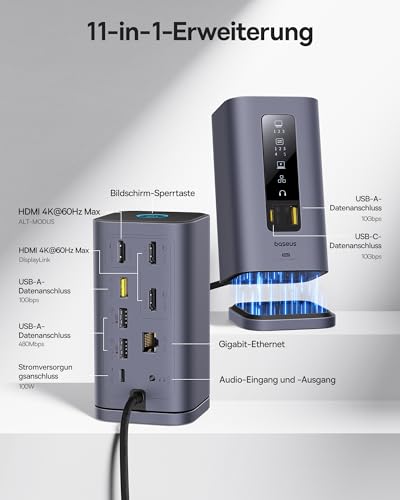 Baseus Spacemate 11 in 1 Displaylink Docking Station 3 Monitors Extension for MacOS, with Smart Display, 4K HDMI, 10Gbps USB-C/A, 100W PD, Ethernet, Audio, Displaylink Driver Required