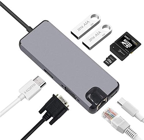 Pocket-Sise Design Multi-fuction 8 in 1 USB 3.1 Type C Adapter Docking Station Combo (Aluminum Alloy Made) with PD Charge/USB 3.0X2/1000M Gigabit LAN/4K HDMI/VGA/TF/SD