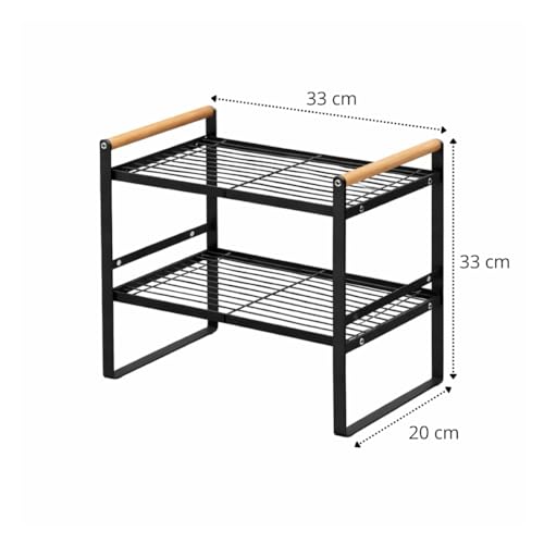Prateleira Organizadora de Cozinha 2 Andares 33x33x20cm | Organizador de Armário Aramado em Metal Resistente com Cabo de Madeira Antiferrugem para Louças e Utensílios (Preto)