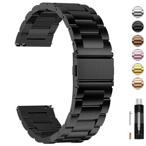 Fullmosa 22 mm 20 mm 18 mm Quick Release Stainless Steel Watch for Men Women, Replacement Metal Straps for Smartwatch Compatible with Samsung Galaxy Watch/Garmin, Black