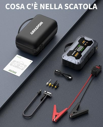 8000A & 160PSI Booster Avviamento Auto con Compressore Aria Portatile, Avviatore Batteria 27000mAH（Tutti Gas 12L Diesel）Jump Starter con 600LUMEN,Ricarica USB-C AIMAPOW