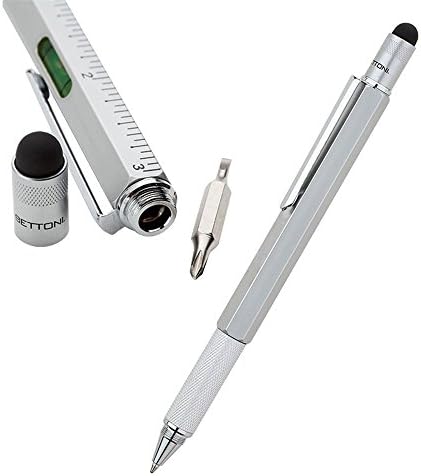 ToolEra 5-in-1 Twist-action Ballpoint Pen and Stylus with 3" Ruler, Spirit Level,Reversible Small Phillips &amp; Flathead Screwdriver-silver