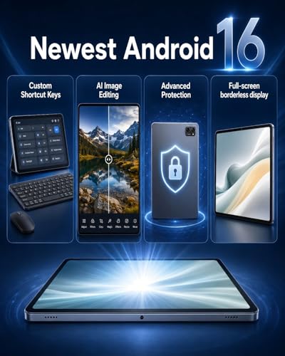 TABWEE Tablet 10 Inch Android 16 Tablet with Keyboard, 24GB RAM (8+16GB Ext.) 256GB ROM (2TB TF Expand), Octa-Core 2 in 1 Android Tablet, 5G WiFi, 5000mAh, GPS, Gemini AI, Space Gray