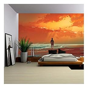 Illustration - Lonely Man Standing on The Sea Under Sunset Sky,Illustration Painting - Removable Wall Mural | Self-Adhesive Large Wallpaper - 66x96 inches