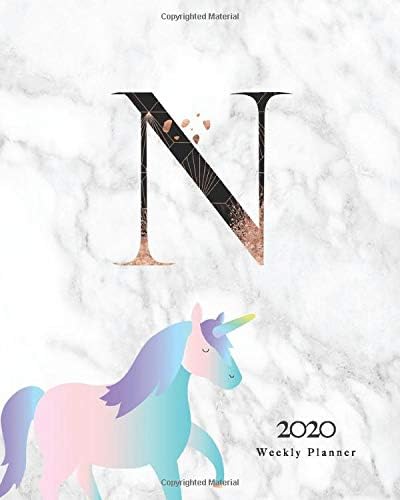 2020 Weekly Planner: Magical Unicorn Planner Monogram With Initial "N" on Luxury Gray Marble