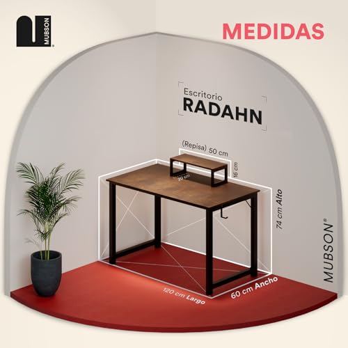 MUBSON Escritorio Minimalista Vintage con Base para Monitor. Mueble Gamer o de Oficina con Superficie de 120x60x74 de Madera MDF. Escritorio Elegante Radahn para Estudio y Trabajo (Cafe)