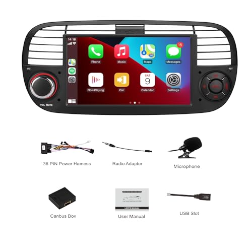 HLLECARMO Car Radio Fiat 500 2007-2015 Wireless Carplay & Android Car, 7 Inch Fiat 500 Car Radio with Bluetooth 5.0 Touchscreen RDS/AM/FM/USB DSP Mirror Link Subw EQ Steering Wheel Control- Black