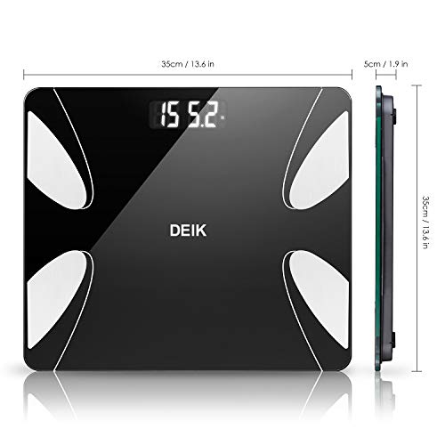 DEIK Body Fat Scale, Bluetooth Bathroom Scale with Smartphone APP, 18 Body Composition Measurement, High Precision Sensors, LCD Backlit Display, Include 3 AAA Batteries, Black
