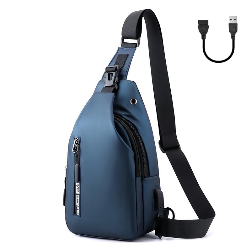 Aucuu Shoulder Bags Chest Bags, Usb Rechargeable Sling Bags, Crossbody Daypacks Small Backpacks, Anti-theft Waterproof Lightweight One Strap Rucksack Messenger Bags for Hiking, (Blue)