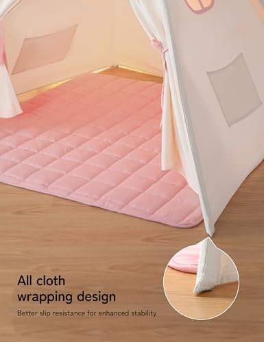besrey Children's Play Tent Indian Canvas Teepee Cotton with Padded Mat and Fairy Lights (Pink and White)