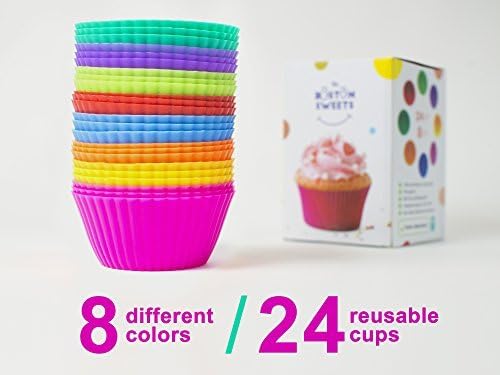 The Boston Sweets Silicone Cupcake Liners – Baking Cups Eight Colours – Reusable and Nonstick Muffin Molds Cupcake Holders Gift Set Pink Purple Blue Green Yellow Orange Red Green Fun Muffin Cups by The Boston Sweets