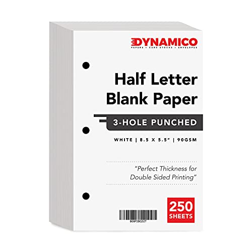 Dynamico Half Letter Blank Paper, 3 Hole Punched, Bright White Printer