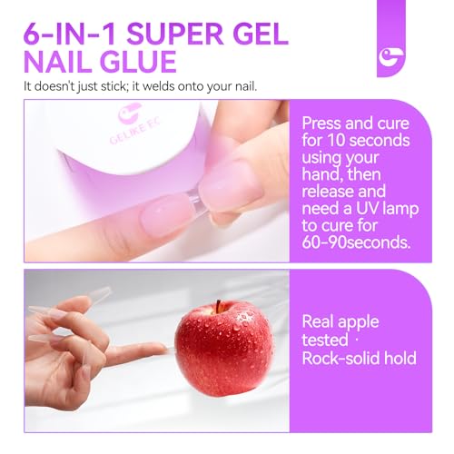 Gelike Ec Gel Nail Glue - 6 in 1 UV Nails Glue Base Coat Strong Adhesive for False Nails Acrylic Tips Press On Nails