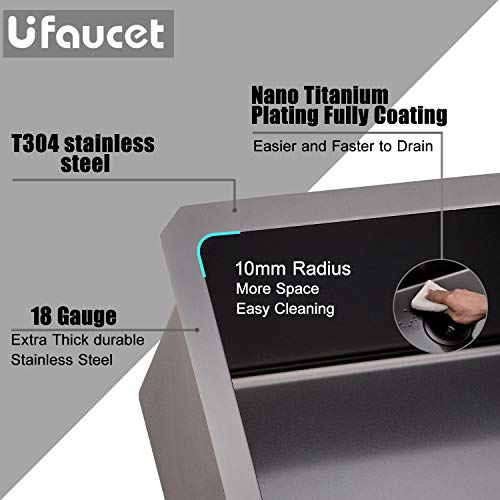 Ufaucet Commercial 32 Inch Extremely Durable Black Nano Titanium Plating T304 Stainless Steel Kitchen Sink,16 Gauge Undermount Single Bowl Handmade R10 Kitchen Sinks Includes Drain and Grid - Thumbnail 3