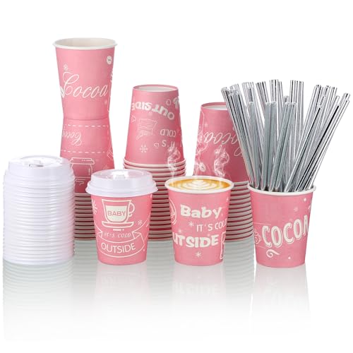 Suttmin 48 Pcs 9 oz Hot Cocoa Bar Disposable Coffee Cups Christmas It's Cold Outside Tea Paper Cup with Lid and Straw for Christmas Baby Shower Party Supplies(Pink) by Suttmin - Used condition - US$17.77