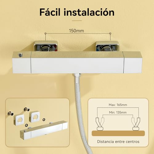 Auralum Grifo Termostático de Ducha, Cuerpo Frío Antiquemaduras con Botón de Seguridad 38°C, Mezclador Termostático de Pared, Cartucho Antical, Centros Ajustables 135-165 mm, Salida G1/2'', Cromo
