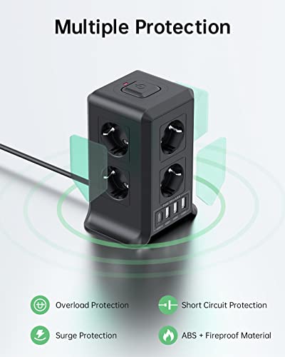Sameriver 5M Tower Power Strips Sockets, USB Power Strip 8 AC Outlets and 4 USB Multiple Plug, 2500W/10A, Power Strip Sockets Surge Protection, Vertical Strips with Switch for Table, Home, Black