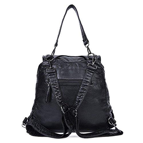 Bolsos de hombro Impermeable Mochila para mujeres Cuero PU suave lavado Bandolera Vintage Señoras-Negro1
