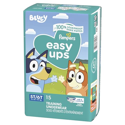 PAMPERS TRAINING PANTS – EASY UPS BOYS & GIRLS BLUEY – SIZE 5T-6T, 15 COUNT, CHILDREN’S POTTY UNDERWEAR (PACKAGING MAY VARY)