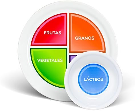 Health Beet Portion Control Plate - Choose MyPlate for Teens and Adults, Nutrition Plate and Dairy Bowl with Food group Sections (Spanish Language, Plate with Dairy Bowl Spanish)