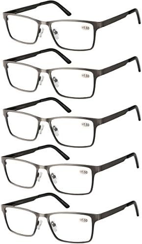 Eyecedar 5-Pack Reading Glasses Men Metal Frame Spring Hinges Rectangle Style Brushed Grey Stainless Steel Material Readers +1.00