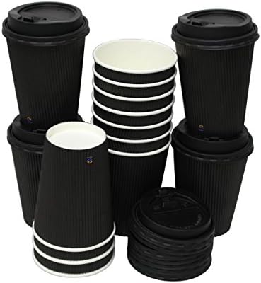 50 Disposable Black Insulated Ripple Hot Paper Cups with 50 Black Cappuccino Lids, 12 Oz - Perfect for Your Hot Coffee/Chocolate/Tea
