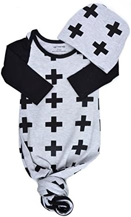 Infant Baby Tie Nightgown and Matching Hat | Sleep Gown With A Tie Bottom | Boy Girl Unisex | Soft Stretchy Cotton (Grey Black Plus Sign, 3-6 Month)