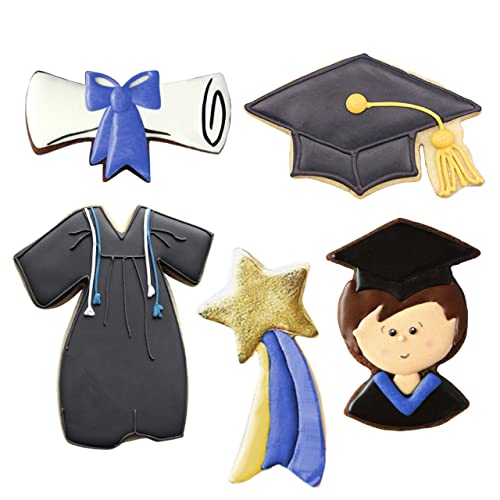 Graduation Cookie Cutter Set 5-pc with Graduation Cap, Gown, Diploma, Graduate, Shooting Star & Recipe Booklet Class of 2022 Graduation Cookie Cutters by Ann Clark